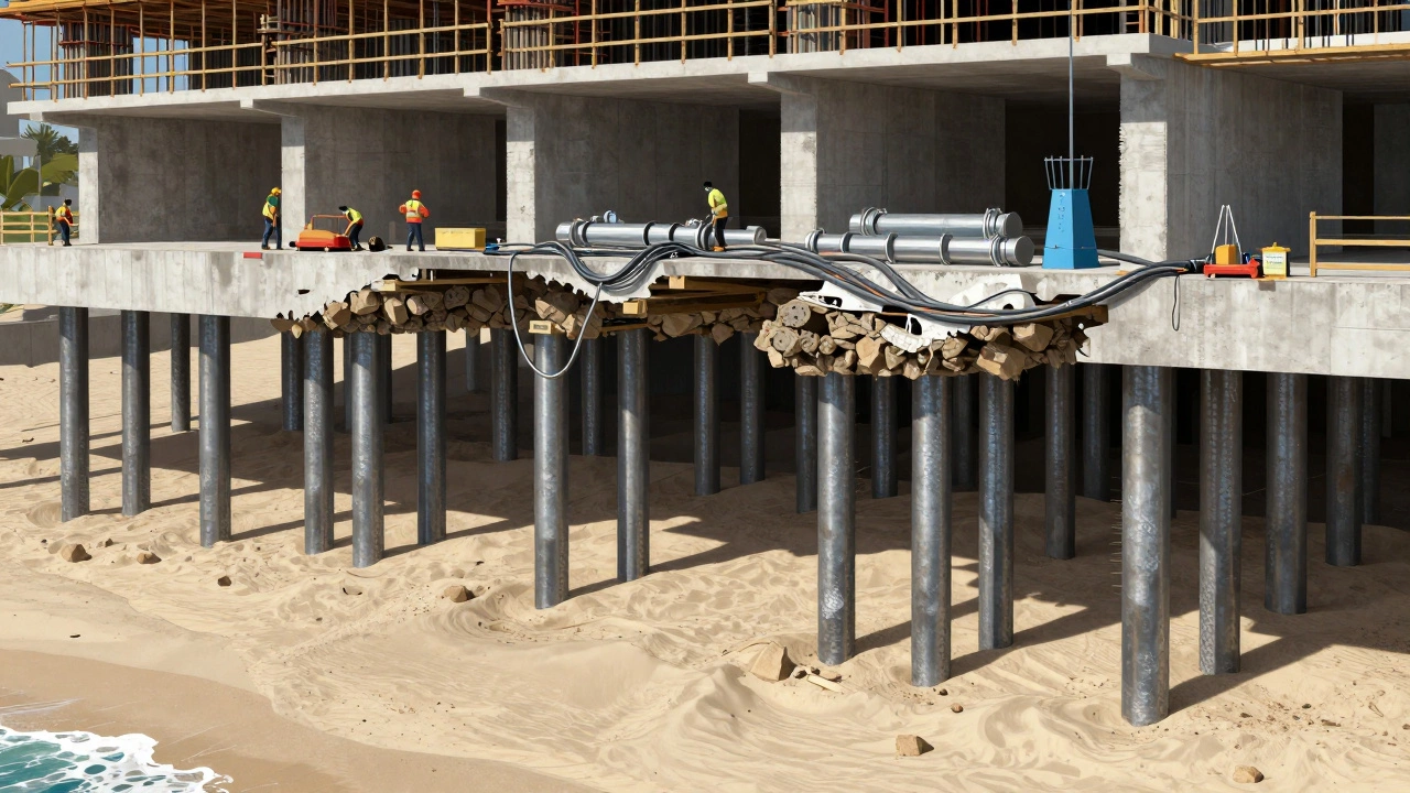 Cross-section of hotel foundation with deep pilings in sand