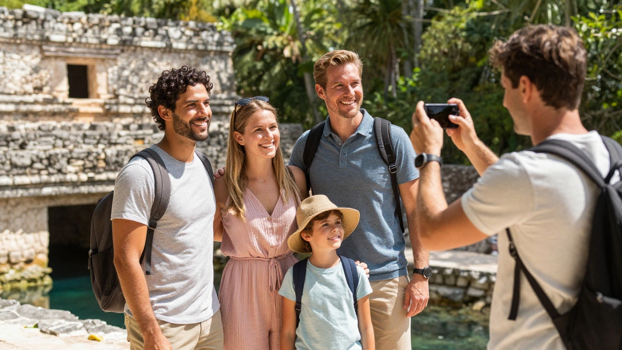 Family exploring ancient ruins on an off-site excursion from the resort.