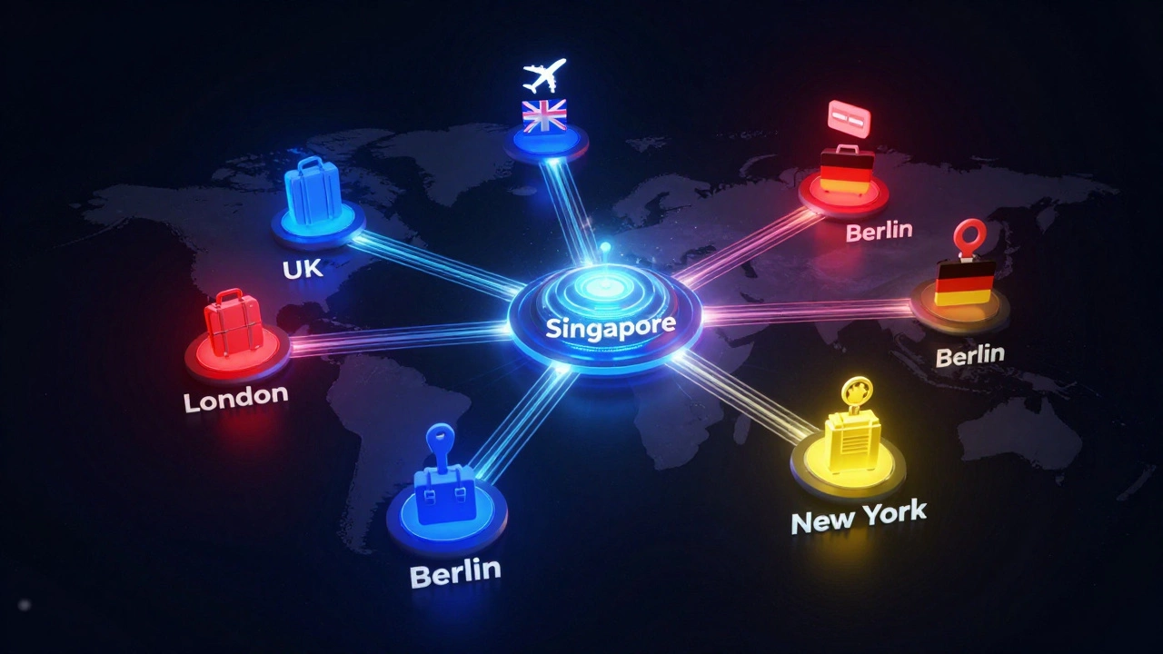 Glowing map showing global headquarters connected to regional offices in London and Berlin.