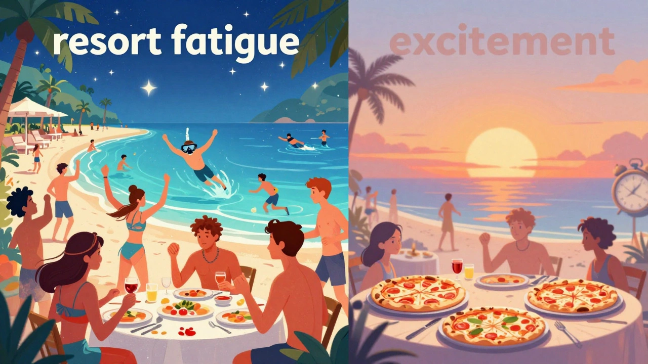 Illustration comparing exciting resort activities with repetitive routine fatigue.