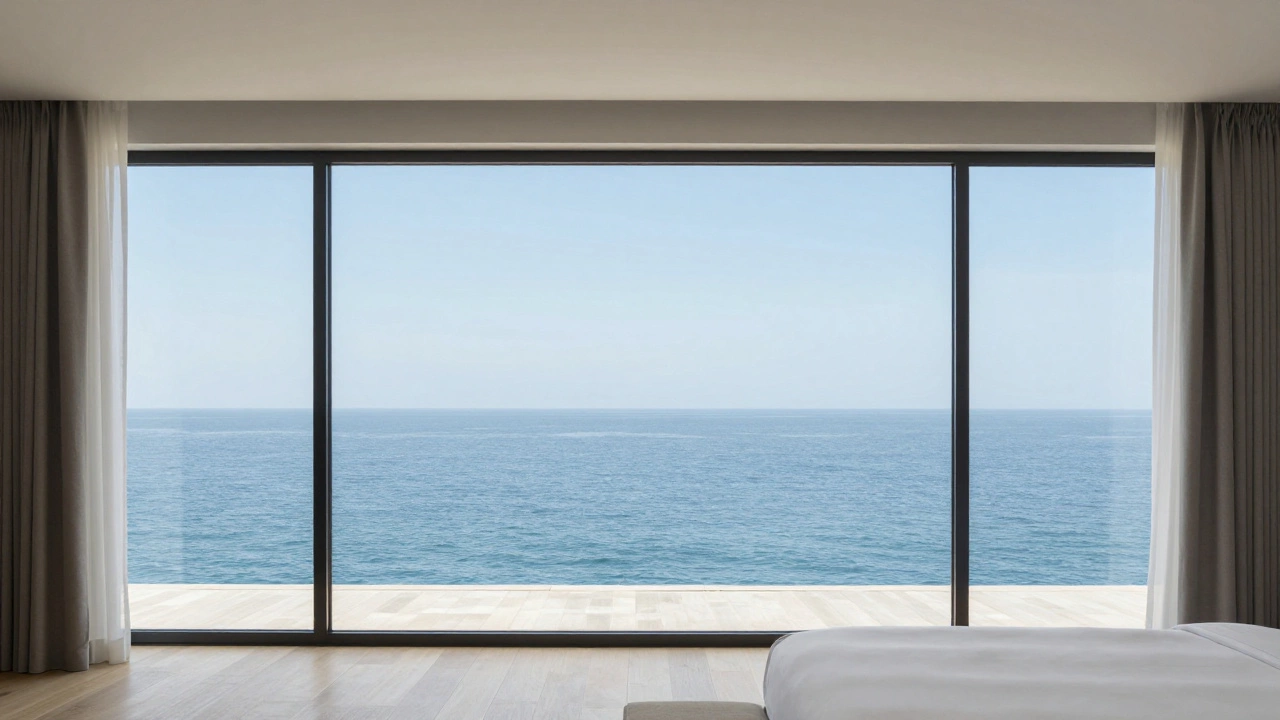 Minimalist hotel room with panoramic ocean view