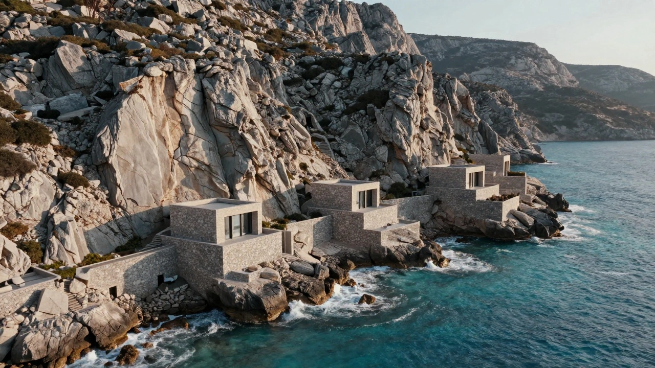 Minimalist stone villas carved into Greek cliffs overlooking the turquoise Mediterranean sea.