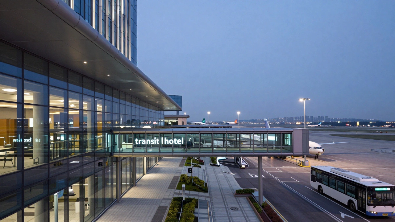 Modern airport hotel connected to terminal by glass walkway at twilight