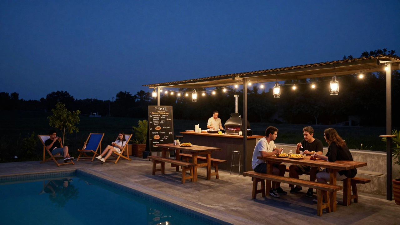 Poolside grill serving late-night snacks like burgers and fries at twilight