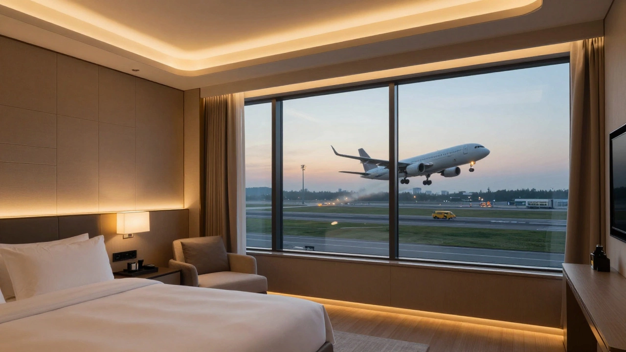 Quiet soundproof hotel room overlooking runway with plane taking off at dawn