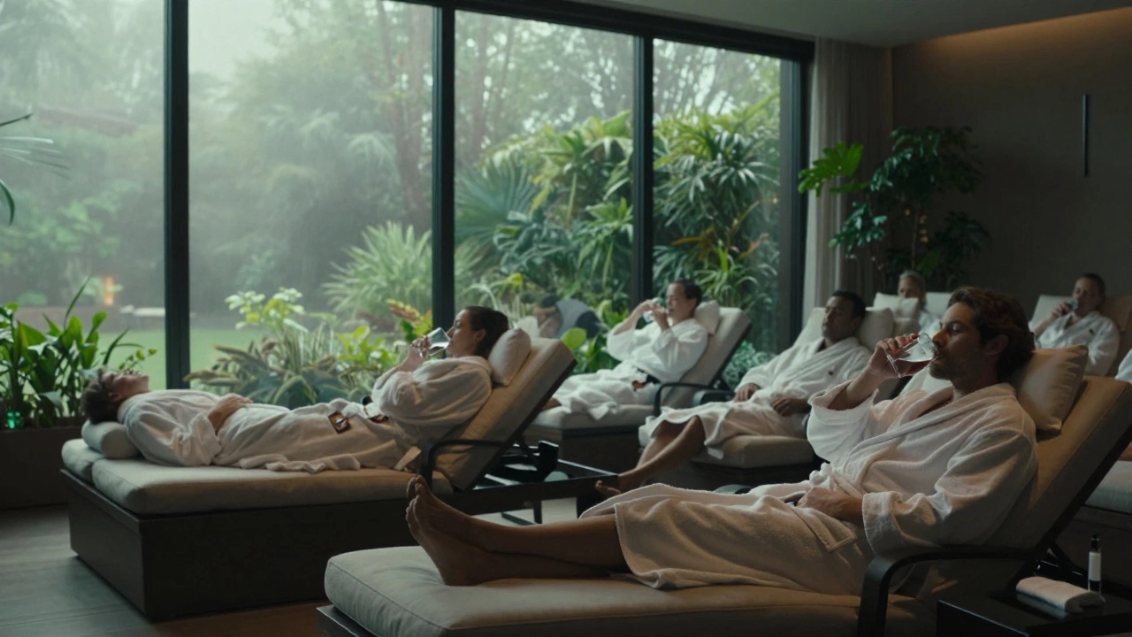 Relaxed guests in white robes lounging quietly in a serene spa relaxation area