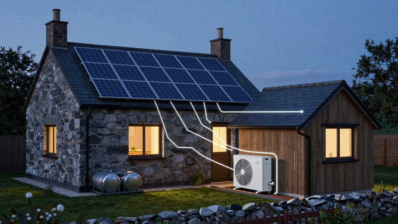 Solar panels and rainwater tanks on eco-cottage