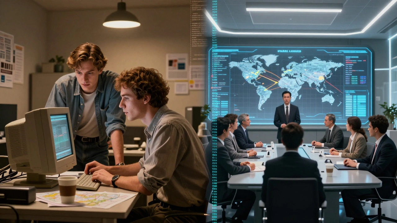 Split image contrasting 90s startup founders with modern tech executives in a boardroom.