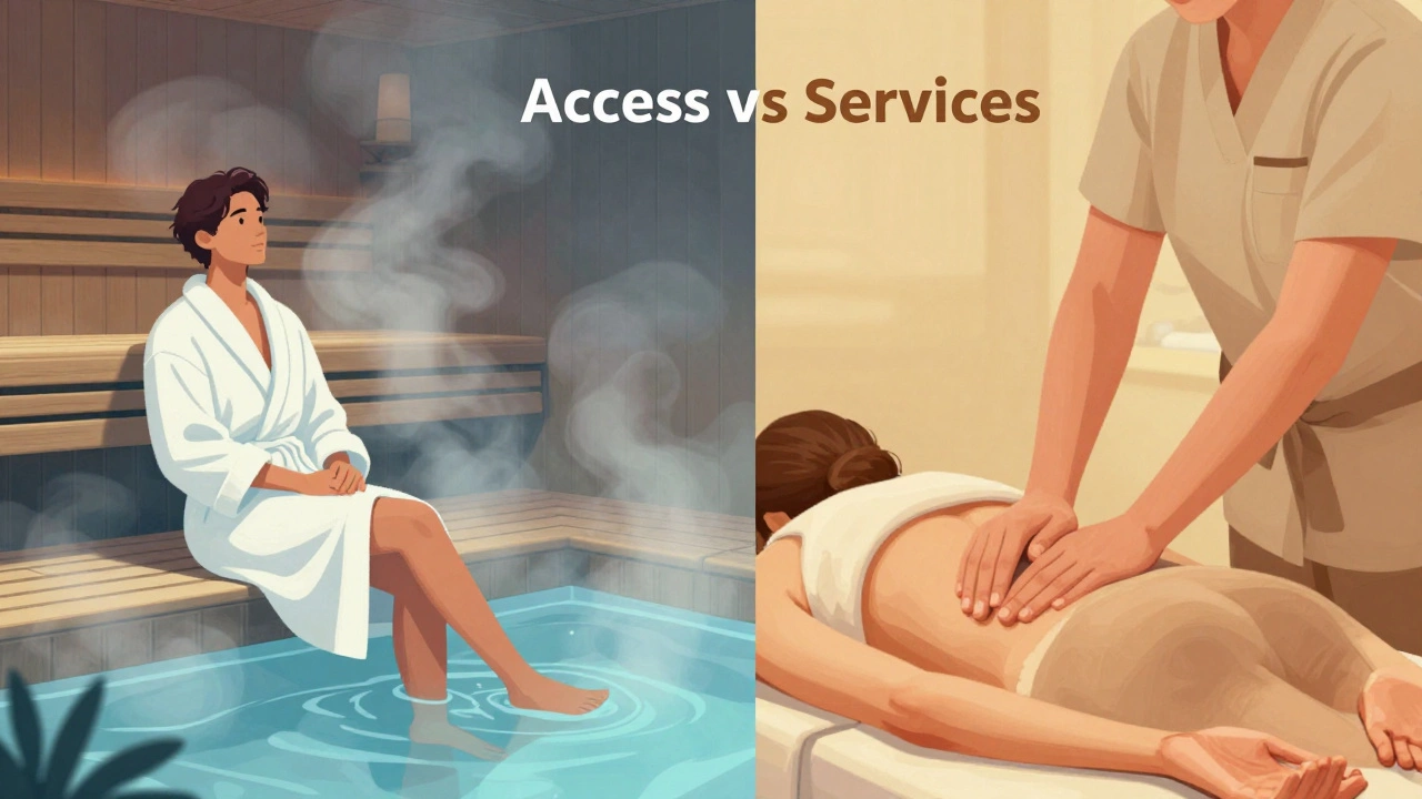 Split view contrasting free sauna access with paid massage services