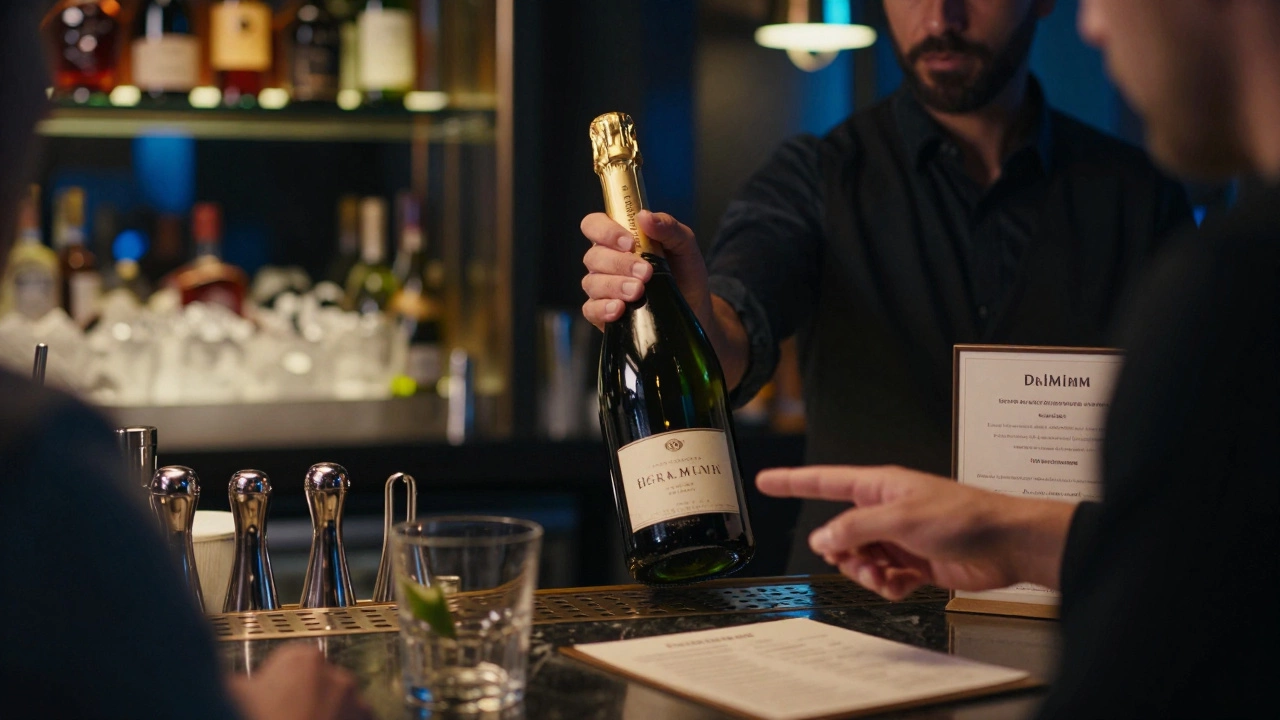 Bartender serving premium champagne, highlighting extra costs at all-inclusive resorts.