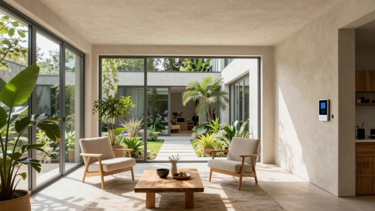 Bright living room with indoor plants and clay walls connected to a central garden.