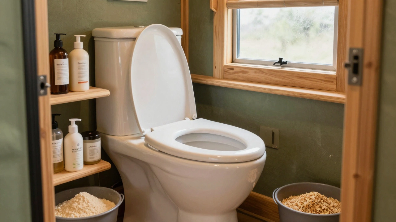 Clean composting toilet in an eco-friendly glamping bathroom block