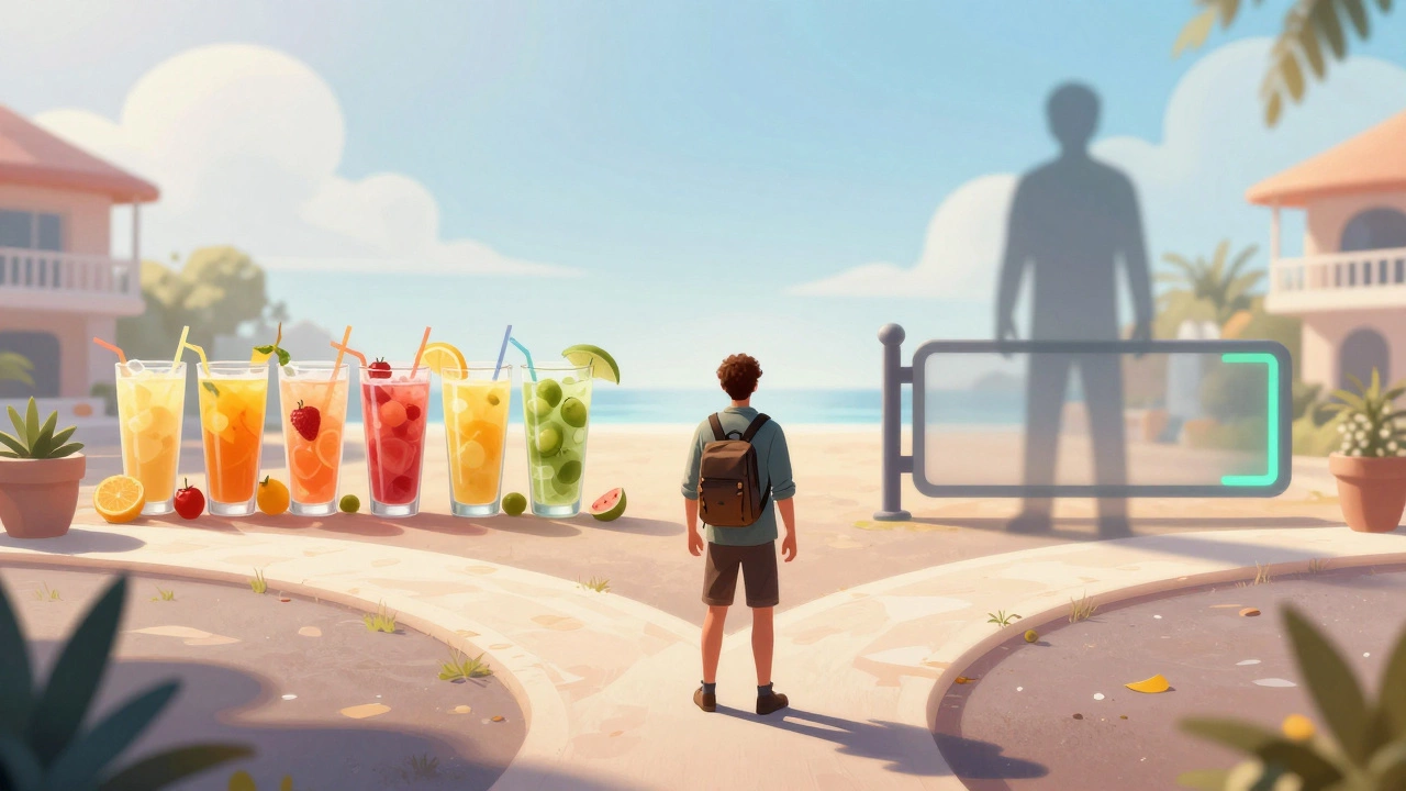 Conceptual art showing the choice between clear and hidden drink policies at hotels.