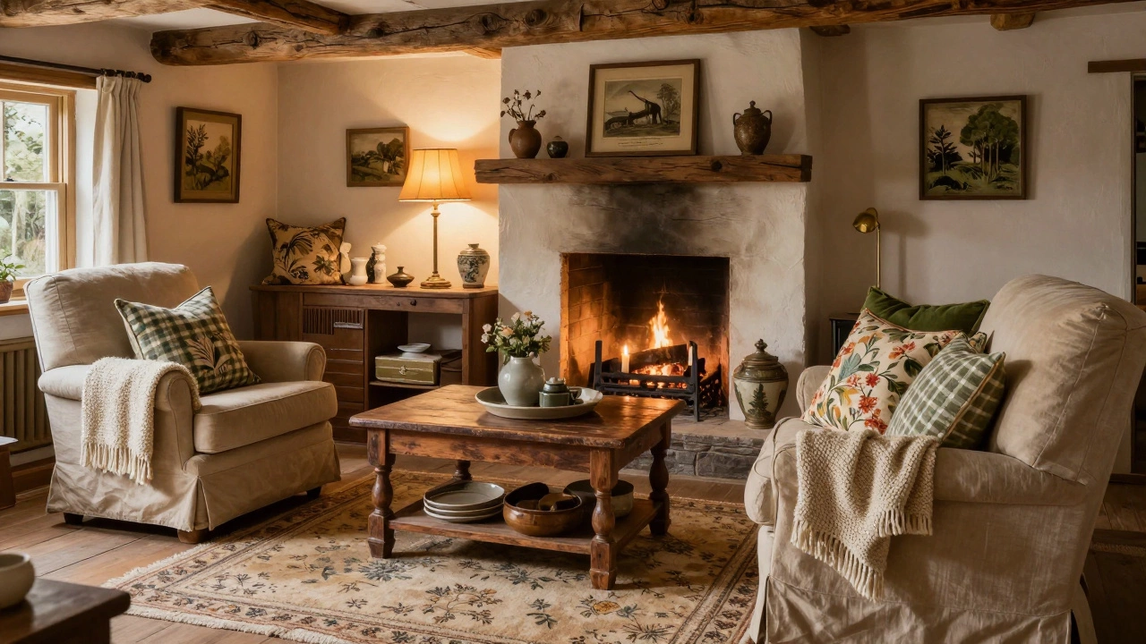 Cozy cottage interior with antique wood furniture and warm lighting