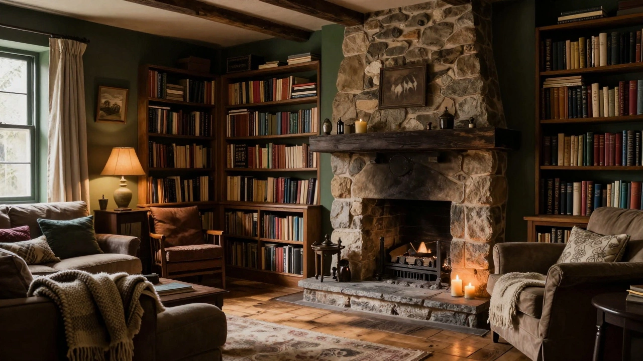 Cozy cottage interior with fireplace and books