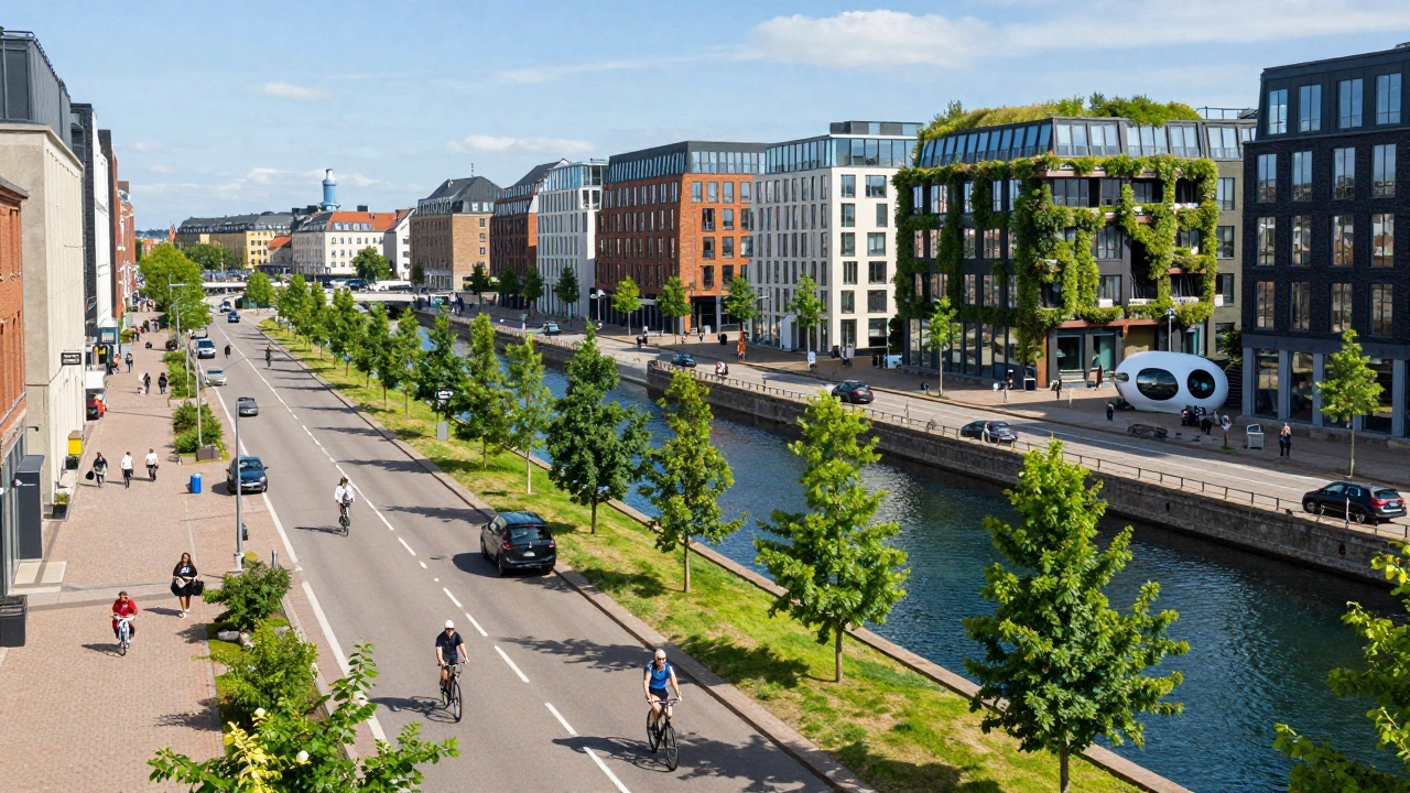 Cyclists on green bike lanes in sustainable Copenhagen
