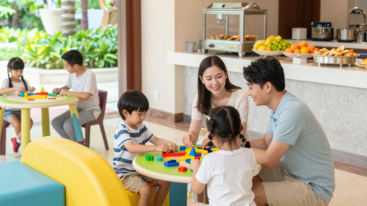 Family enjoying kids club and buffet at all-inclusive hotel