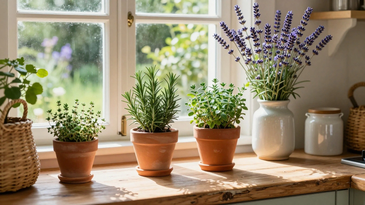 Fresh herbs and flowers on a rustic wooden kitchen counter