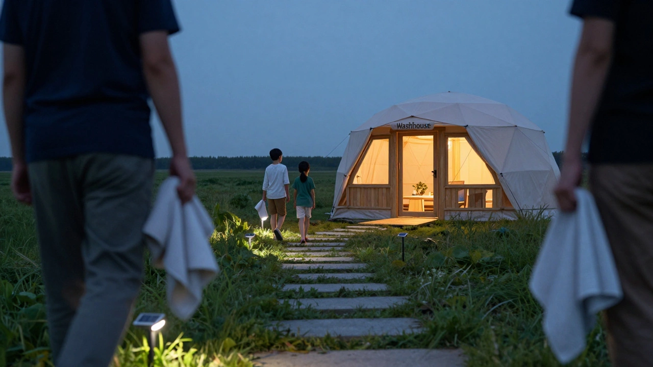 Guests walking from tent to a lit communal washhouse at dusk