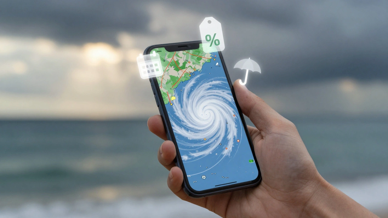 Hand holding phone with weather map and travel icons, symbolizing booking strategy and risk.