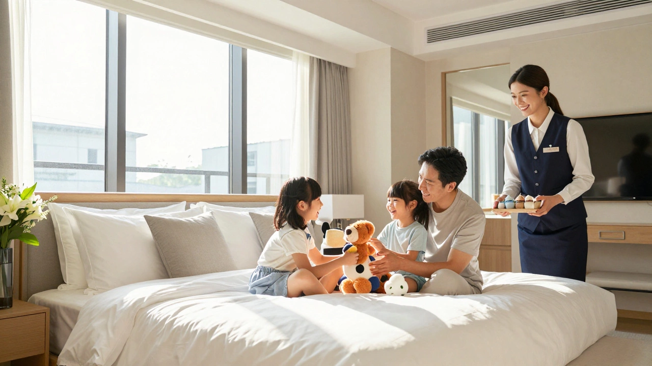 Happy family relaxing in a bright, luxurious Four Seasons hotel suite