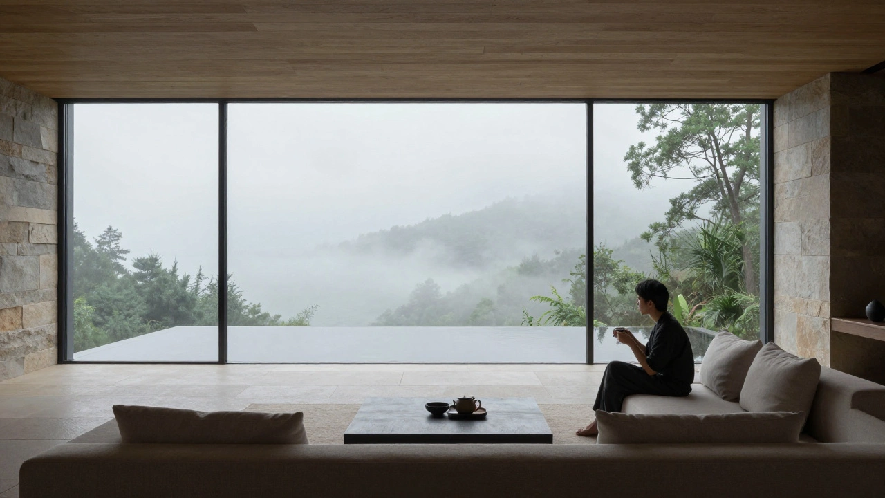 Serene minimalist Aman-style resort room with glass walls and nature view