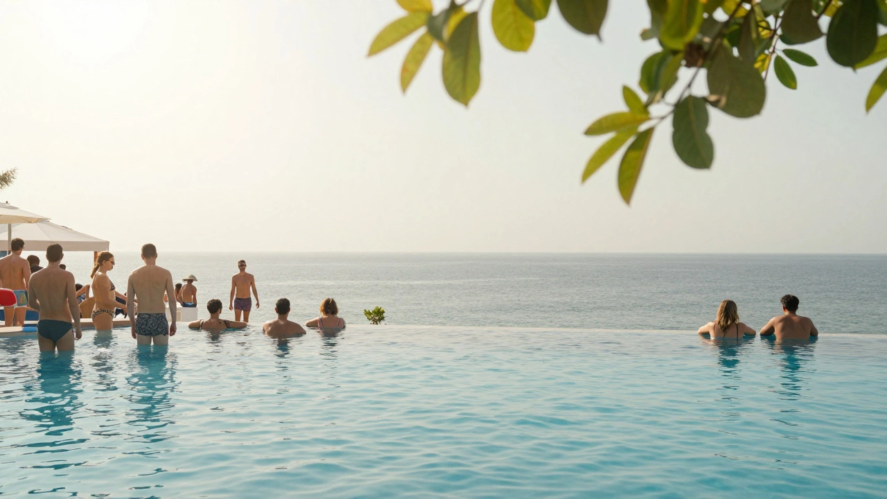 Split image contrasting a crowded summer pool with a calm, empty infinity pool in spring or autumn.
