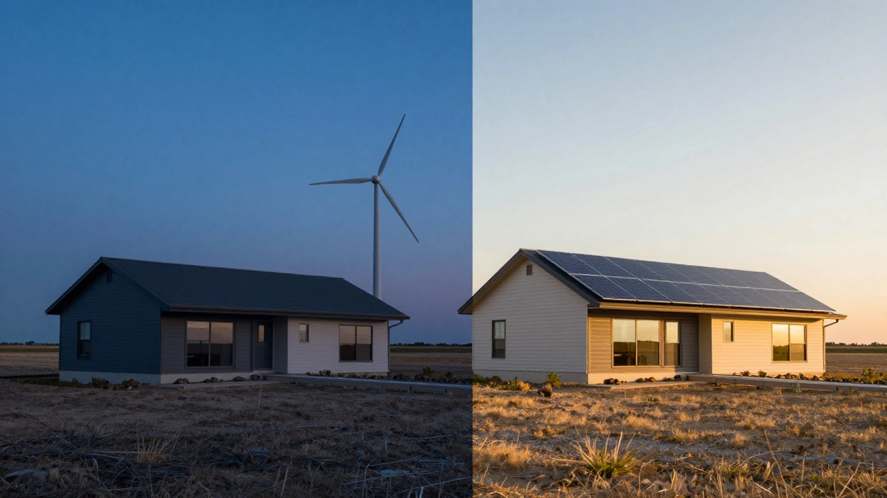 Split view of net-zero homes in Iowa and Kansas using wind and solar energy