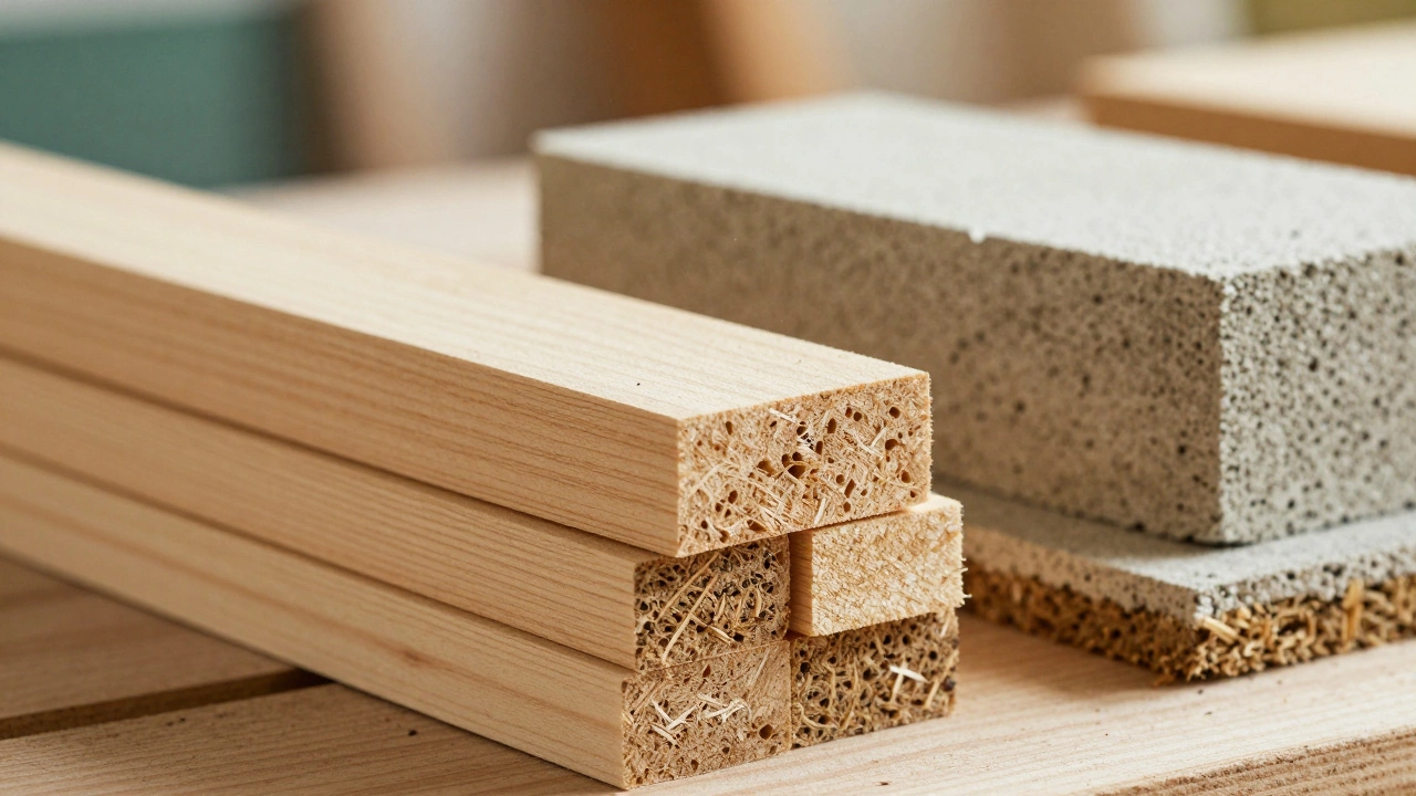 Stacks of cross-laminated timber and hempcrete blocks highlighting sustainable materials.
